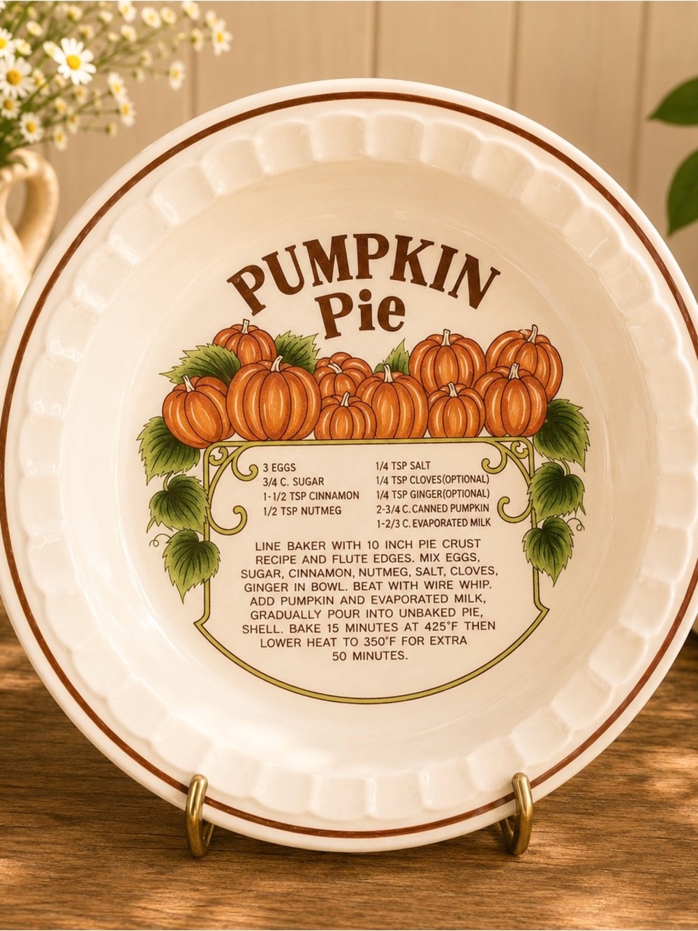 Pumpkin Pie Recipe Ceramic Pie Plate - Cream with Orange Design
